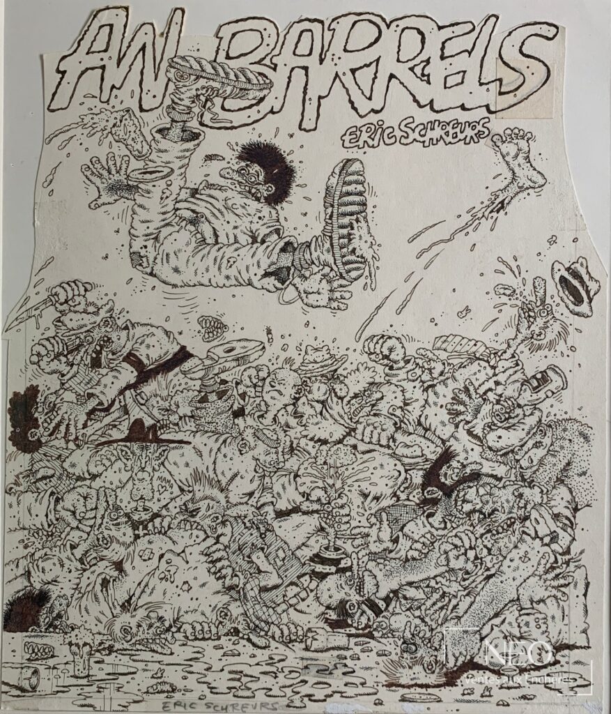 Dessin noir et blanc d'Eric Schreurs avec le titre AW Barrels en haut de page