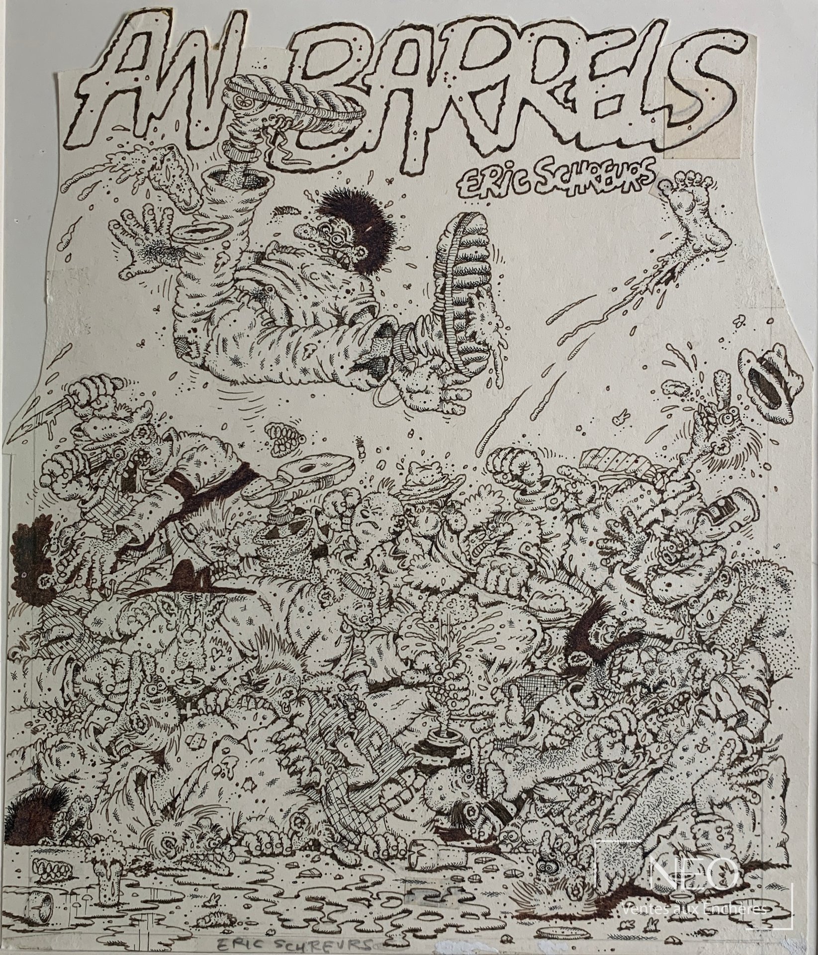 Dessin noir et blanc d'Eric Schreurs avec le titre AW Barrels en haut de page