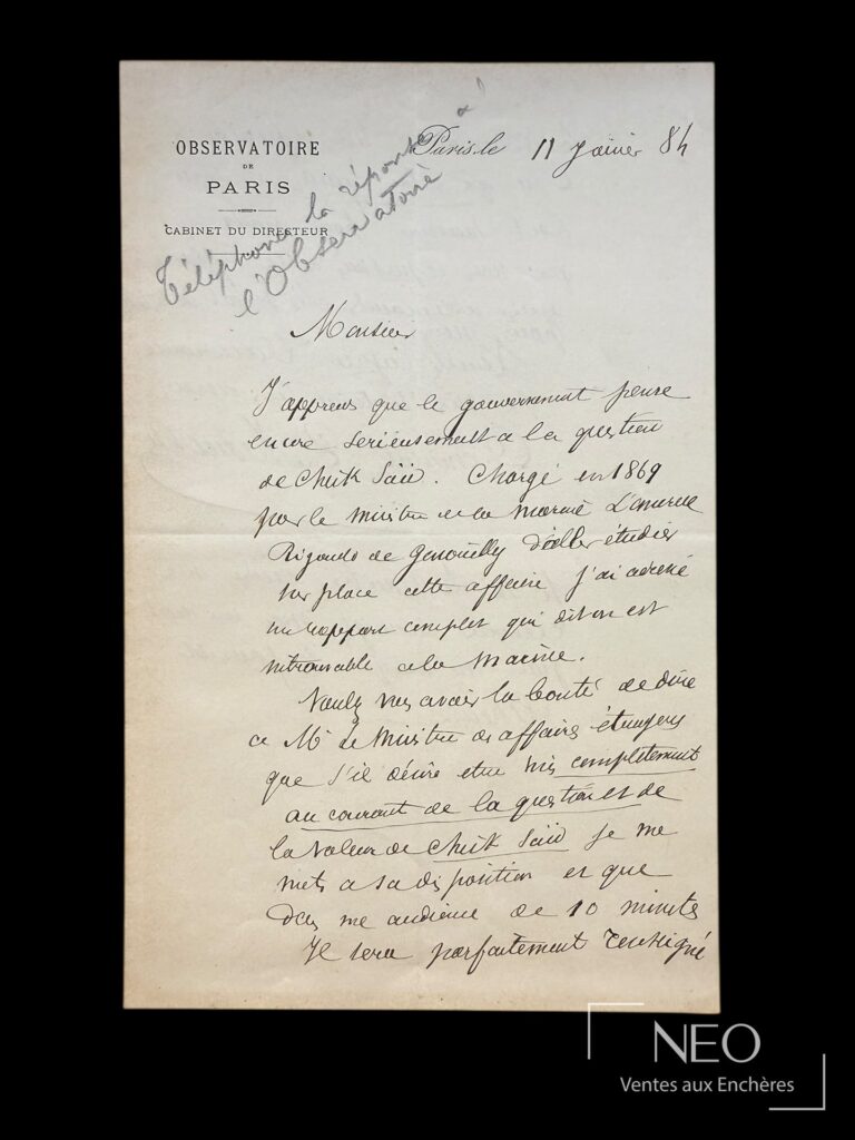 Lettre autographe signée d’Ernest Mouchez sur papier à en-tête de l’Observatoire de Paris