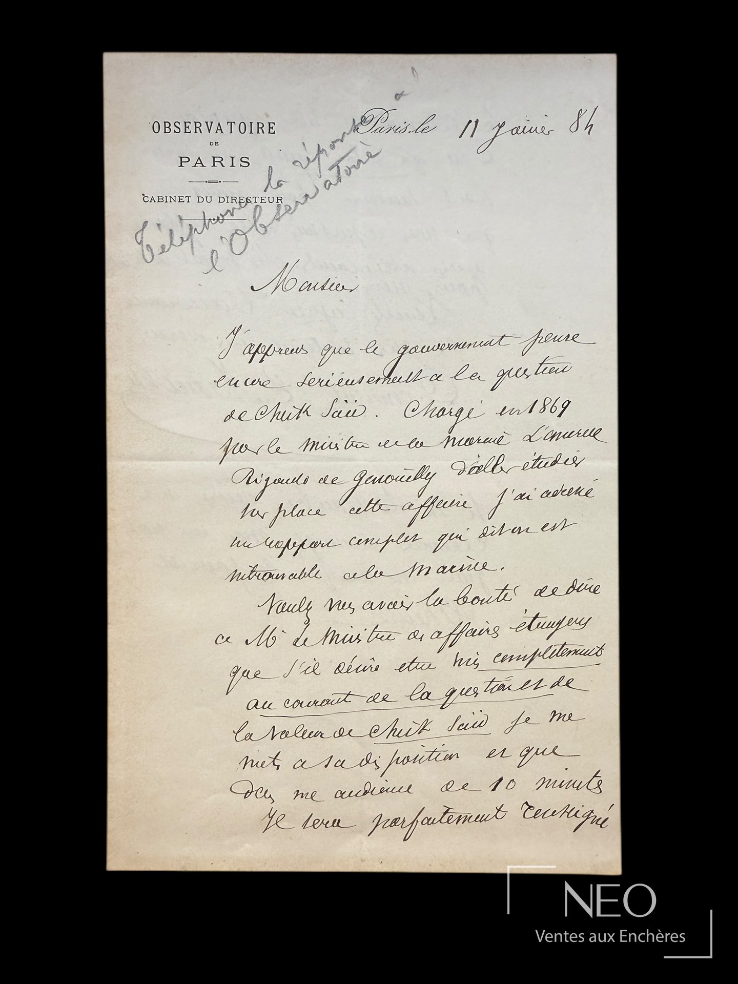 Lettre autographe signée d’Ernest Mouchez sur papier à en-tête de l’Observatoire de Paris