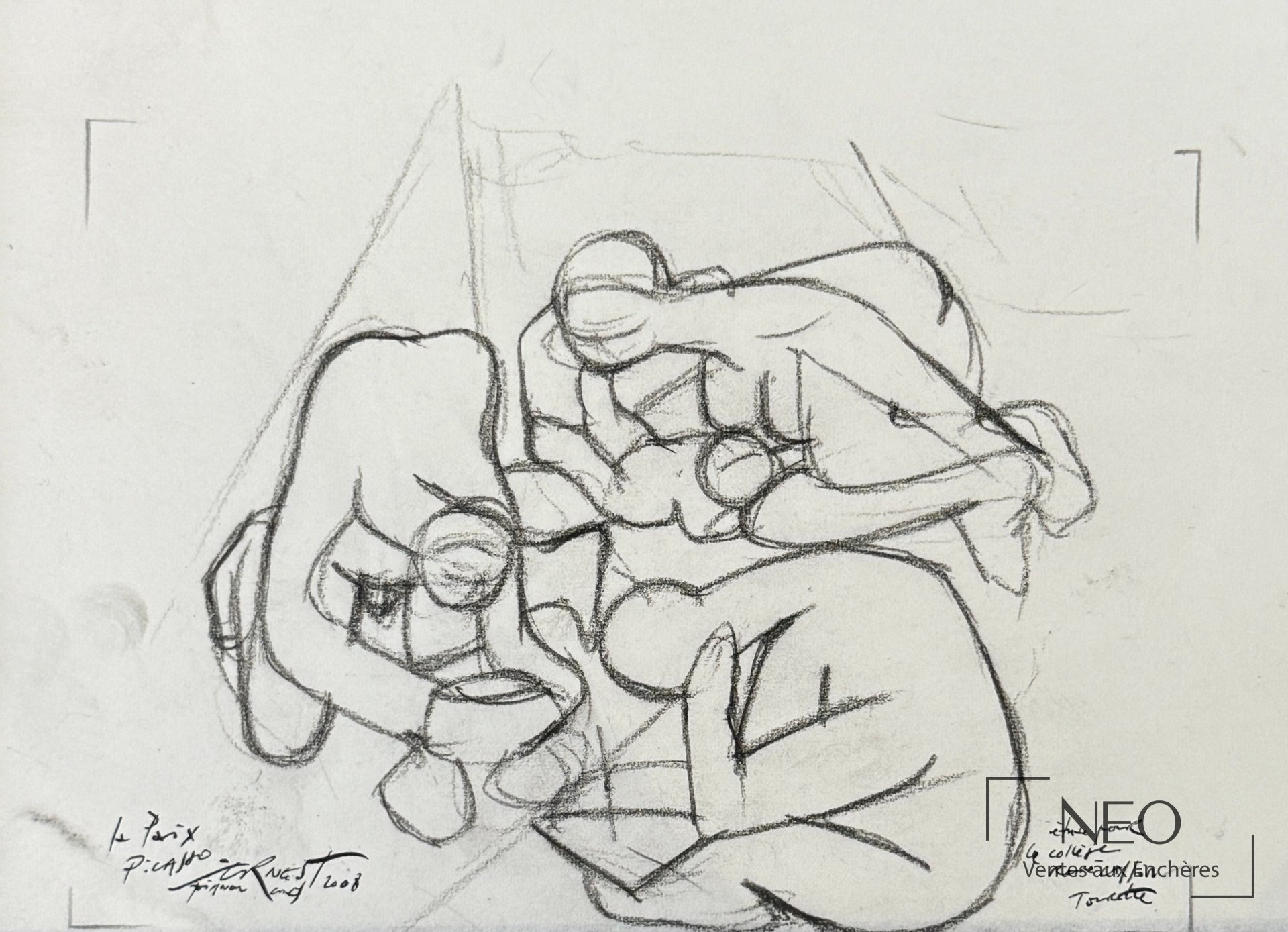 Étude d’Ernest Pignon-Ernest sur papier montrant une composition au crayon avec figures emboîtées