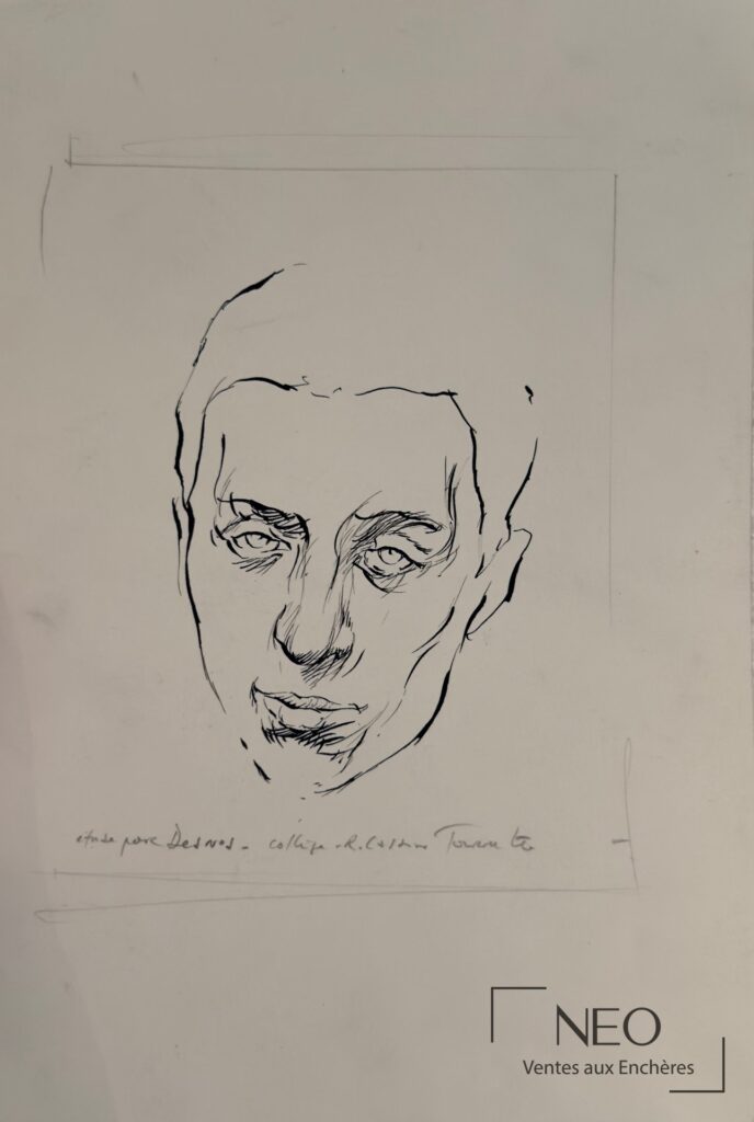 Étude sur papier d'Ernest Pignon-Ernest représentant le visage de Robert Desnos