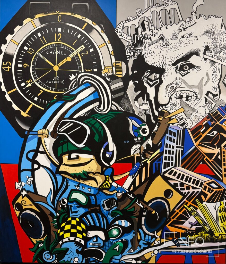 Acrylique sur toile d'Erró représentant un visage stylisé et une montre Chanel.