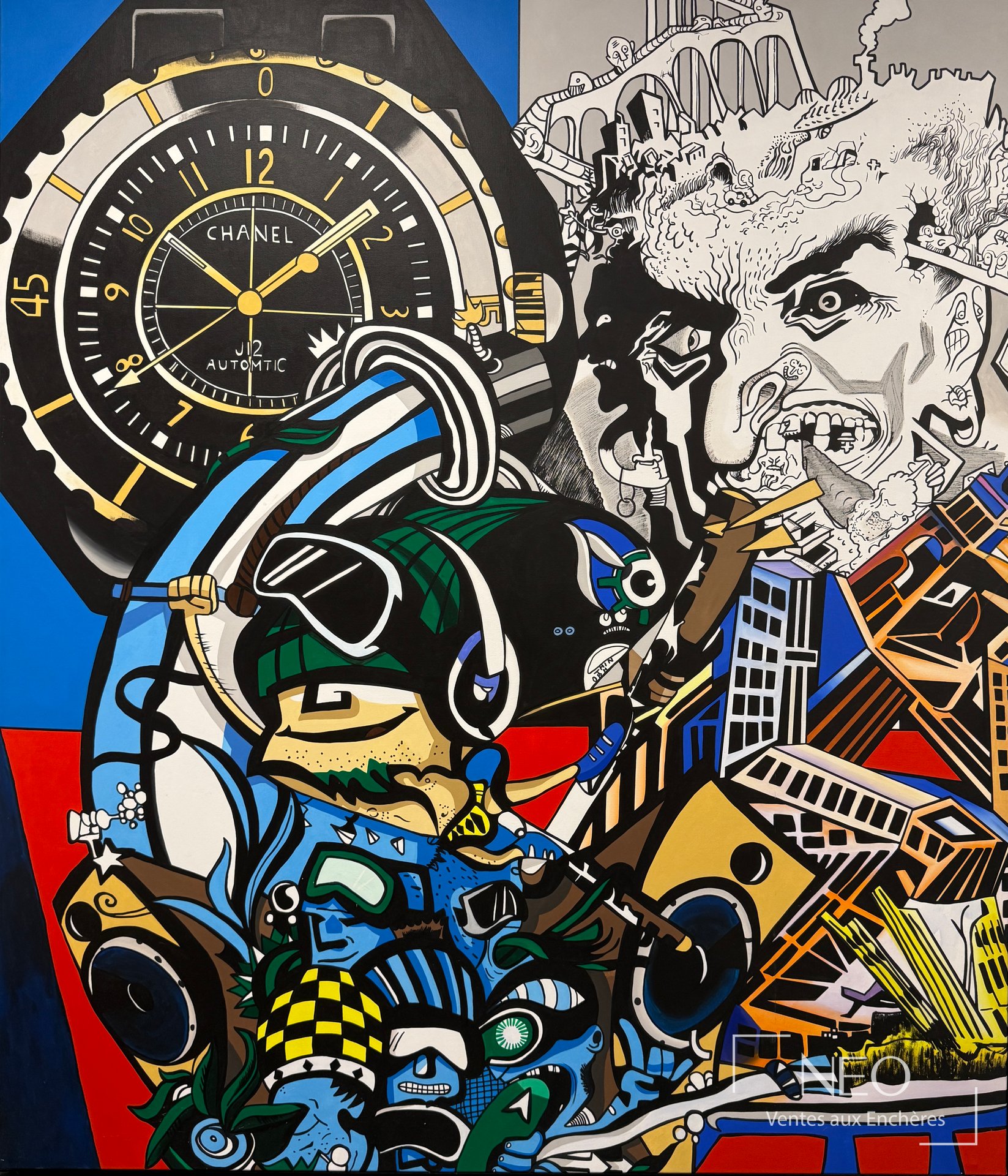 Acrylique sur toile d'Erró représentant un visage stylisé et une montre Chanel.