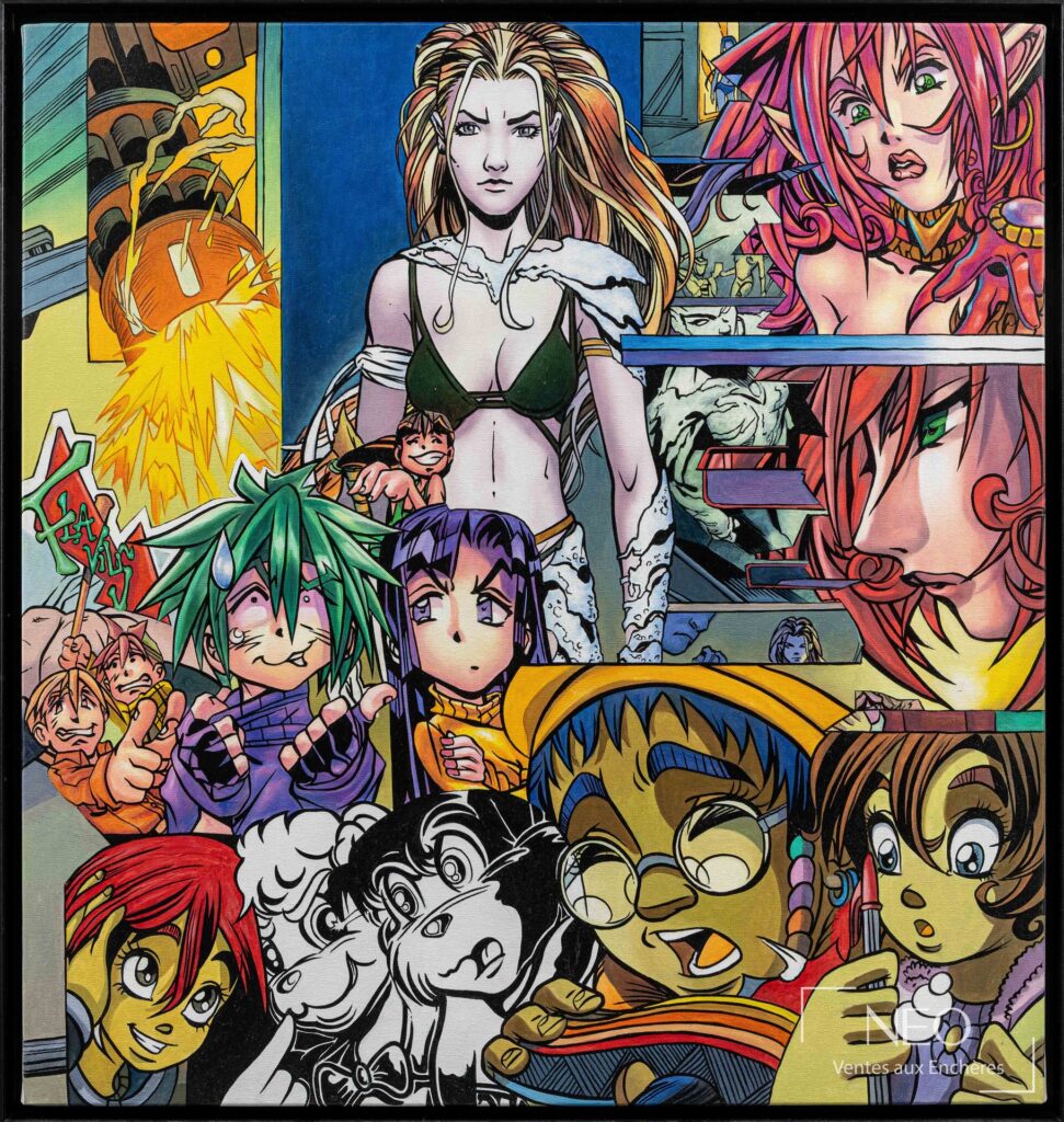 Composition colorée d'Erró montrant plusieurs visages de style bande dessinée