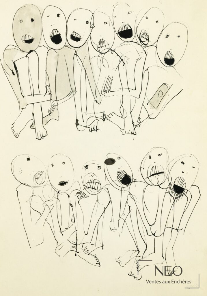Dessin de Errö montrant un groupe de figures au trait noir sur fond clair