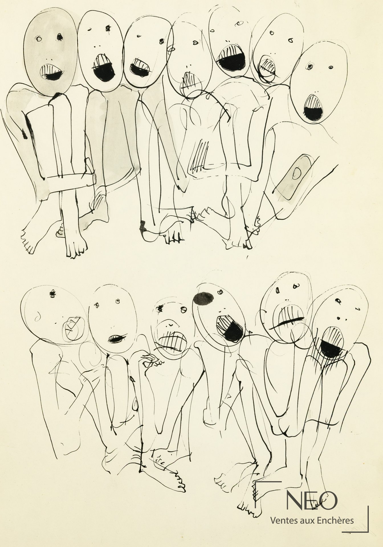Dessin de Errö montrant un groupe de figures au trait noir sur fond clair