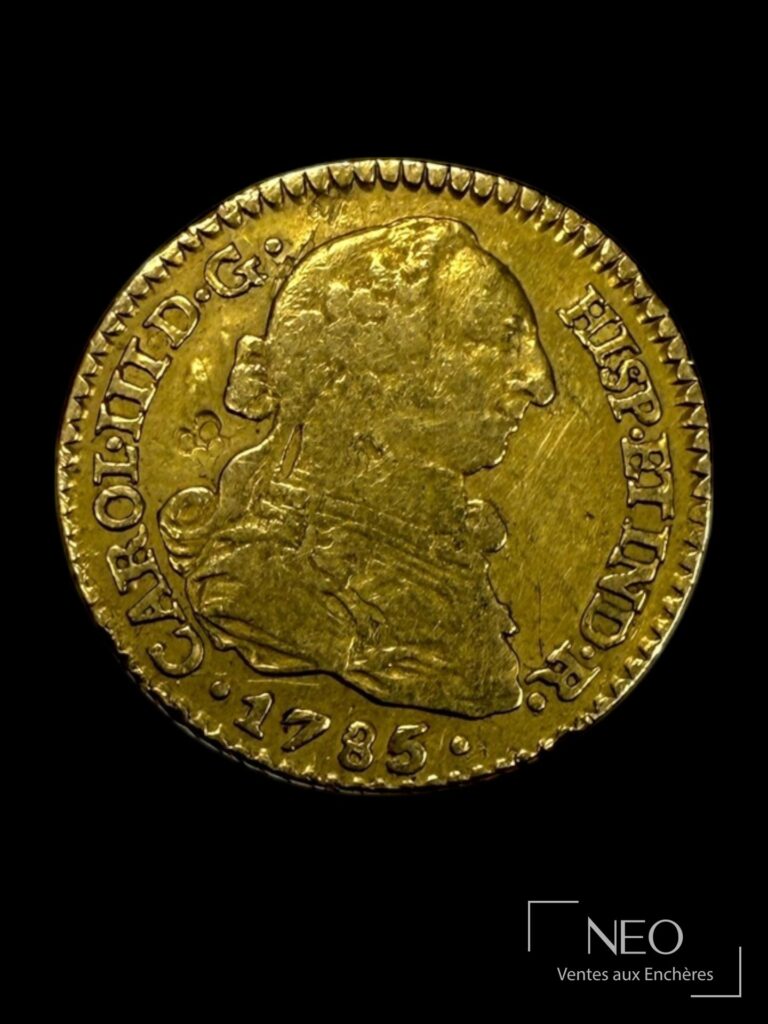 Avers d’une pièce en or espagnole de 1785 avec le portrait de Charles III.