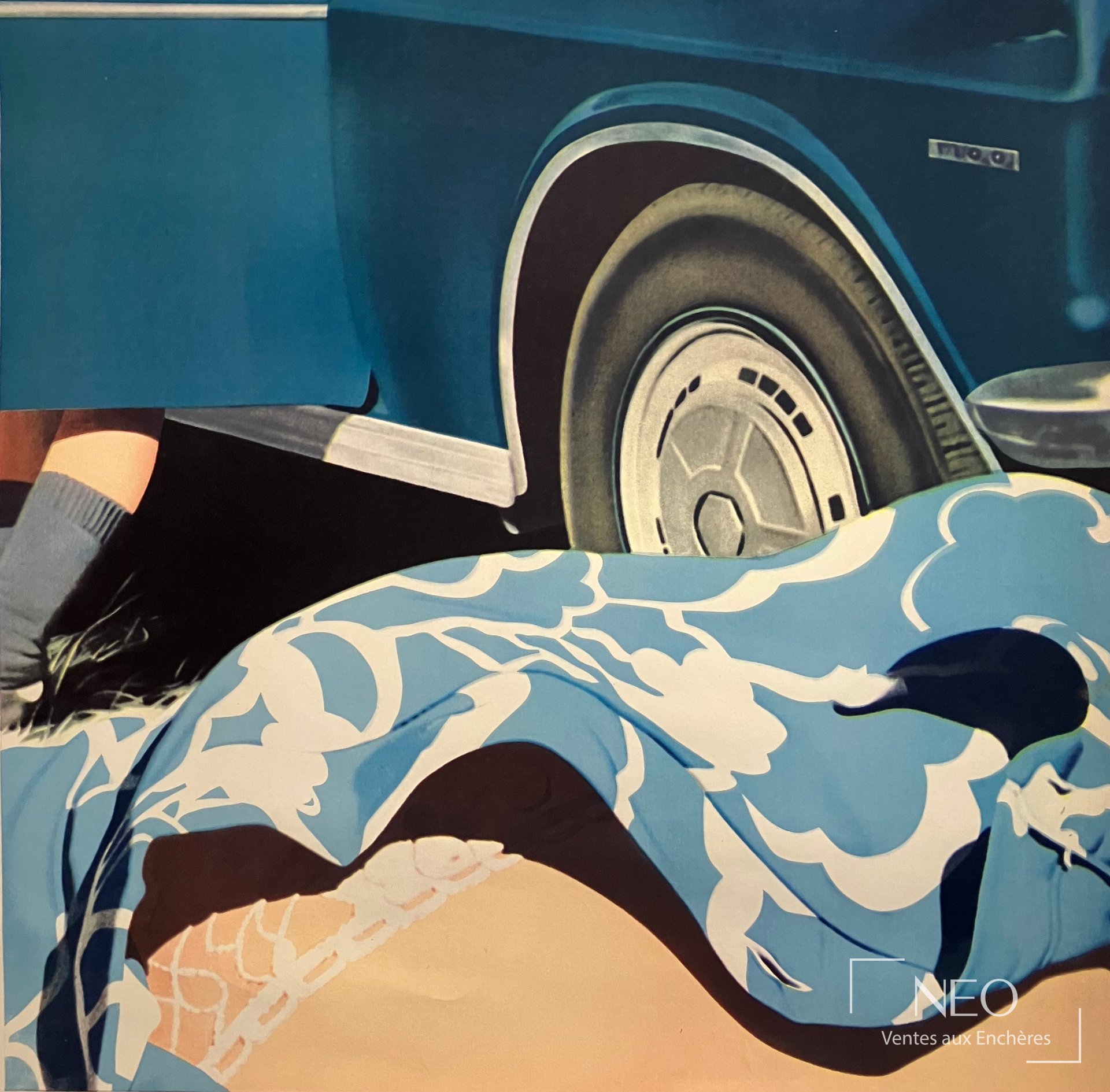 Estampe abstraite de Gérard Schlosser avec motif de roue et formes bleues et chair