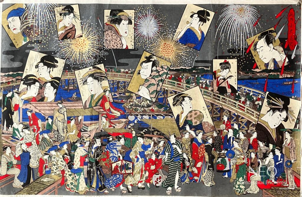 Trois estampes japonaises aux scènes de foule