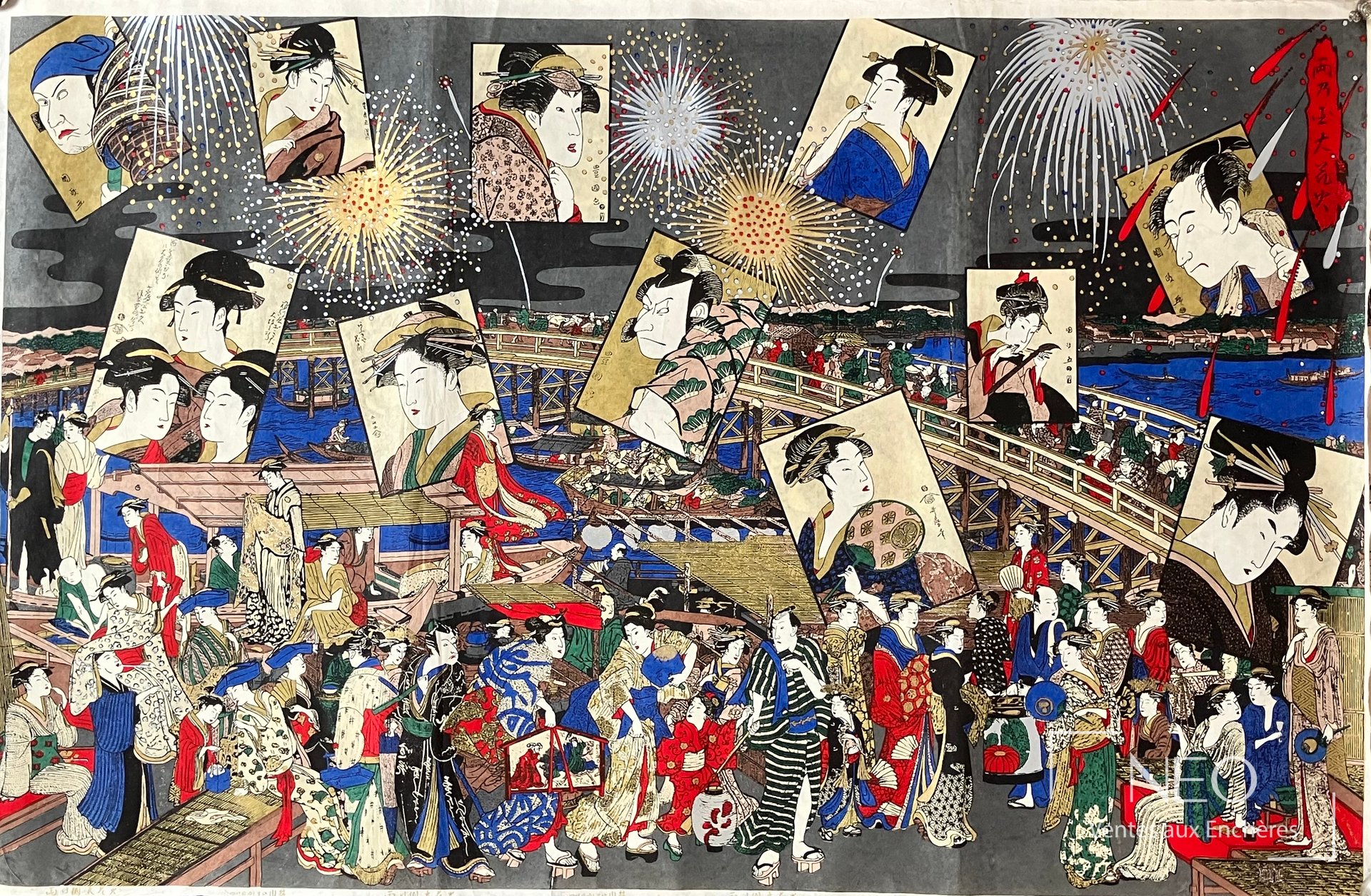 Trois estampes japonaises aux scènes de foule