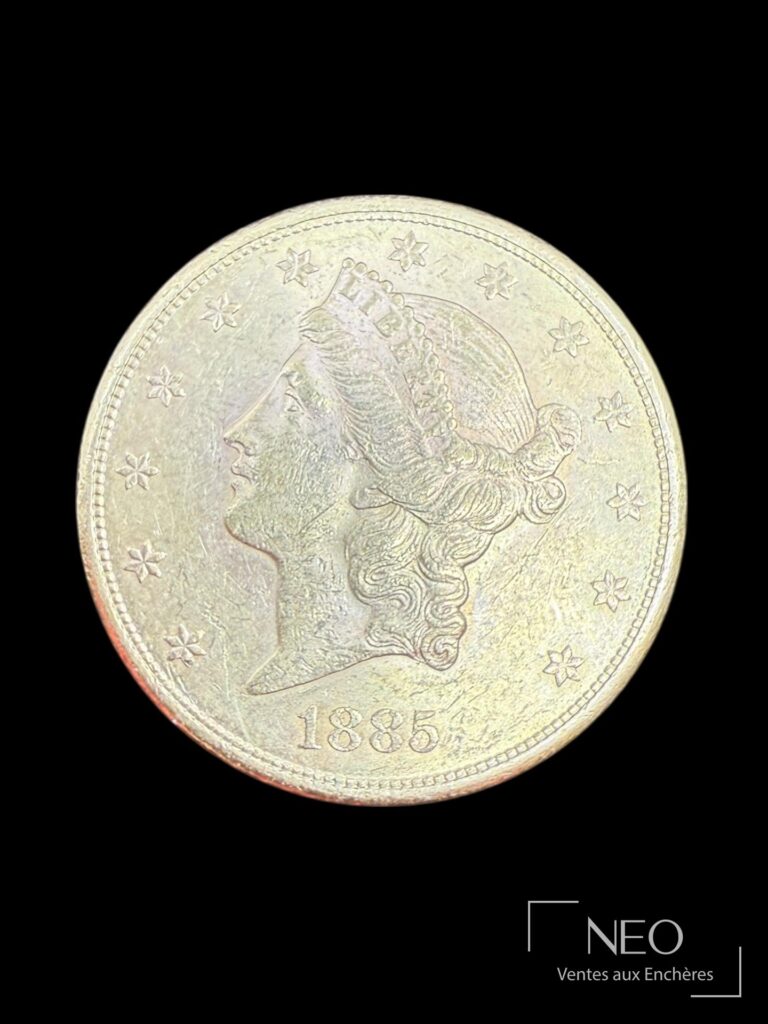 Avers d'une pièce américaine de 20 dollars en or datée 1885