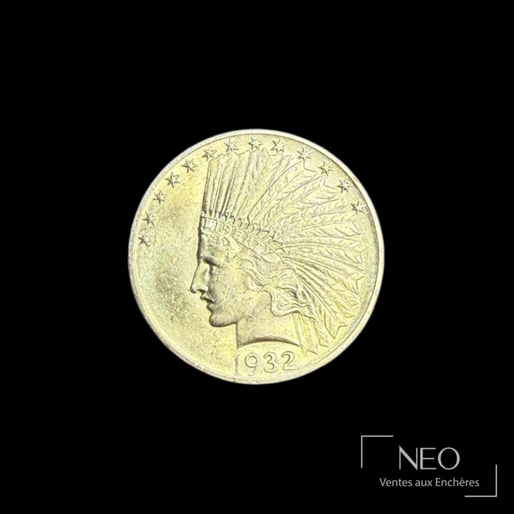 Avers d’une pièce de 10 dollars or américaine avec tête d’Indien et date 1932.