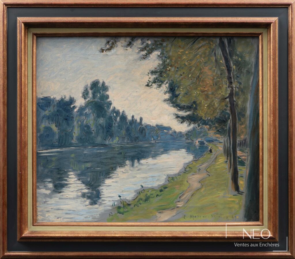 Paysage de bord de rivière peint à l'huile