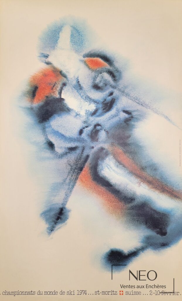 Affiche couleur de ski avec silhouette abstraite sur fond clair et mention NEO en bas à droite
