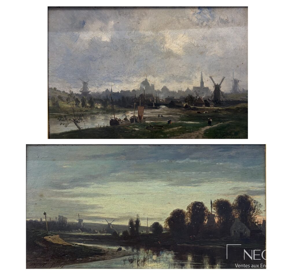 Deux paysages de fleuve avec moulins
