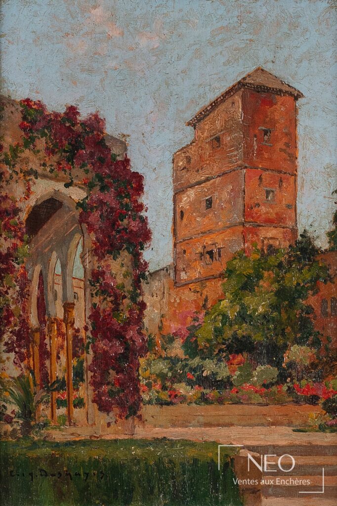 Huile sur panneau représentant une architecture ocre et des bougainvilliers sous un ciel clair
