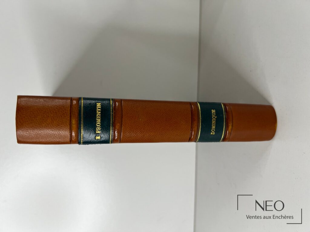Dos d’un livre relié en chagrin brun avec pièces de titre vertes et lettrage doré.
