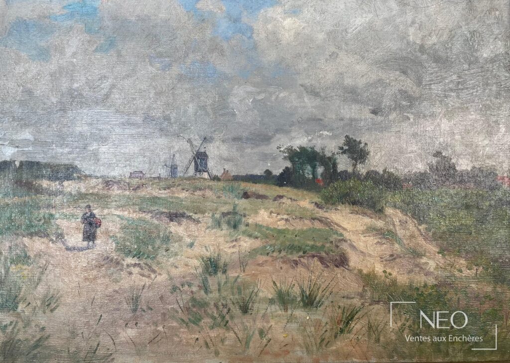 Paysage rural avec une paysanne au premier plan et des moulins au loin