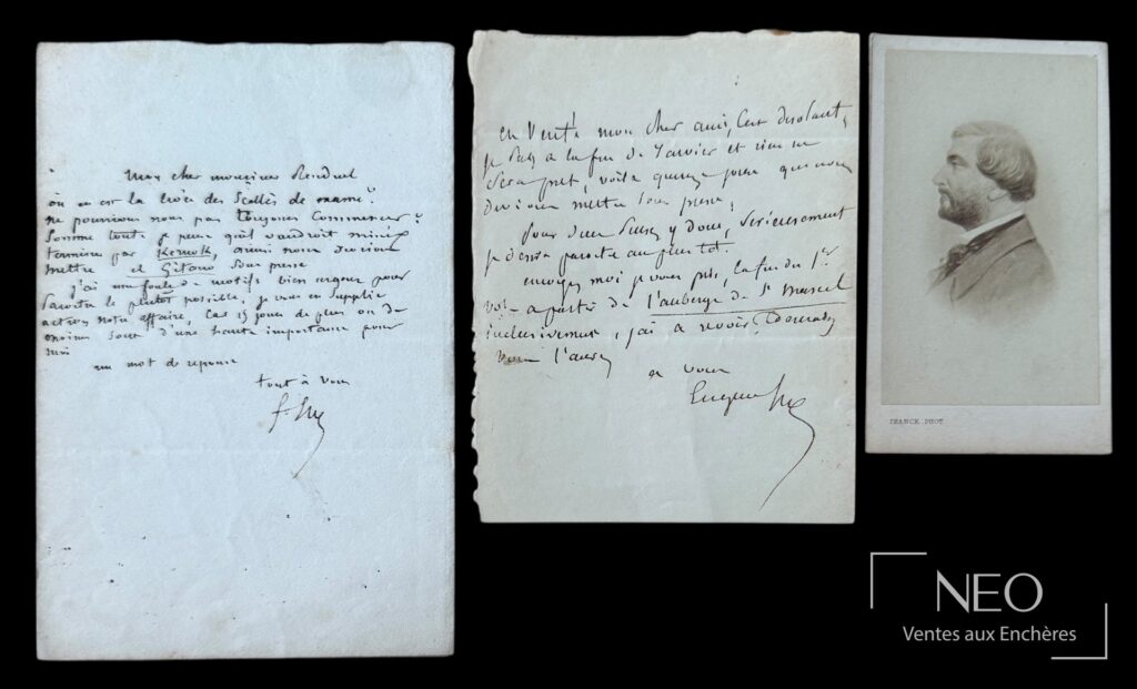 Deux lettres manuscrites d'Eugène Sue et une photographie en carte de visite