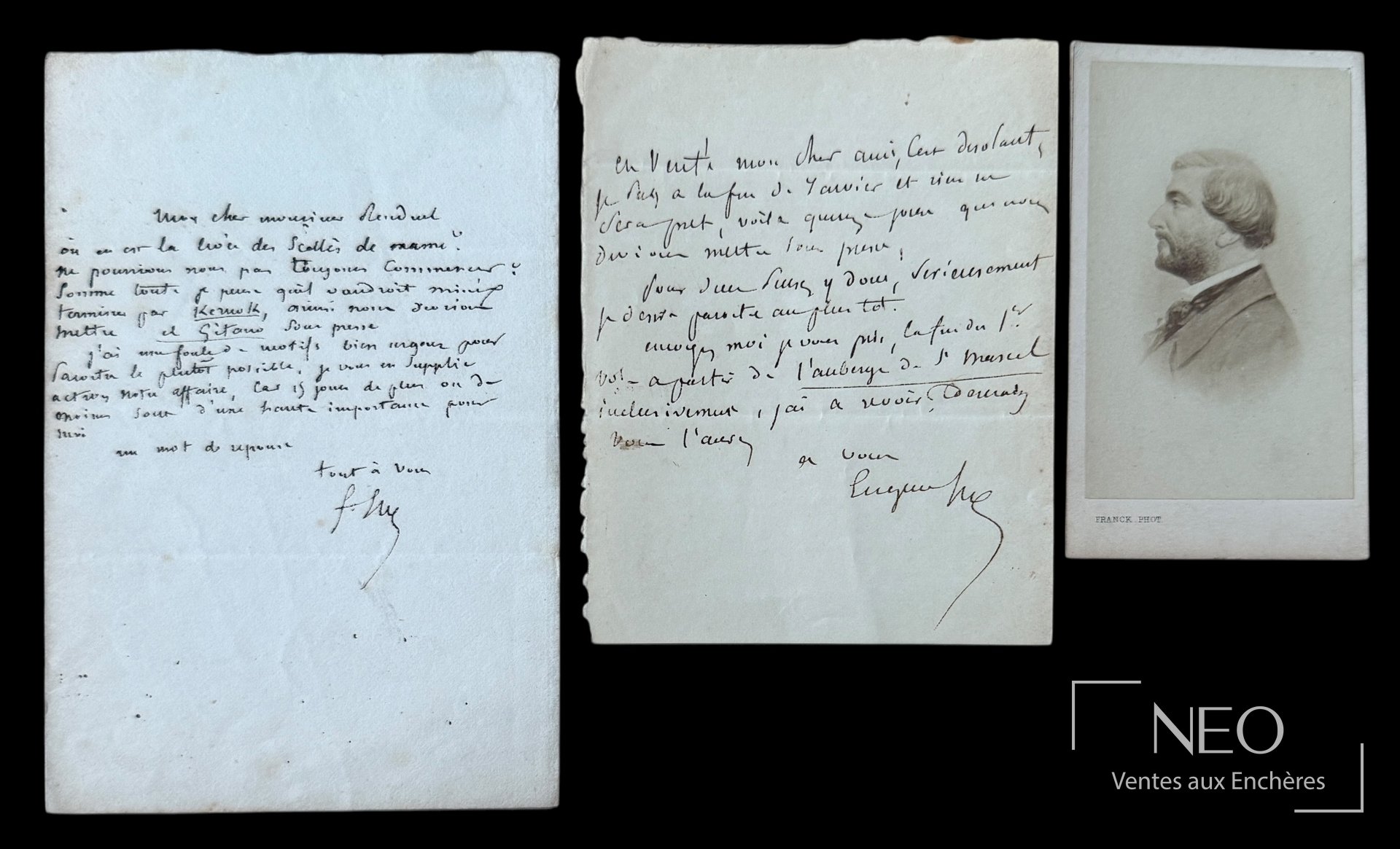 Deux lettres manuscrites d'Eugène Sue et une photographie en carte de visite