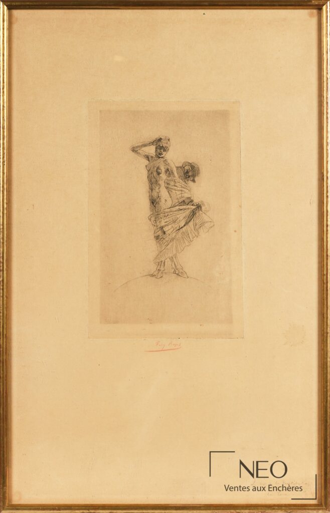 Estampe encadrée de Félicien Rops avec composition centrale sur papier jauni