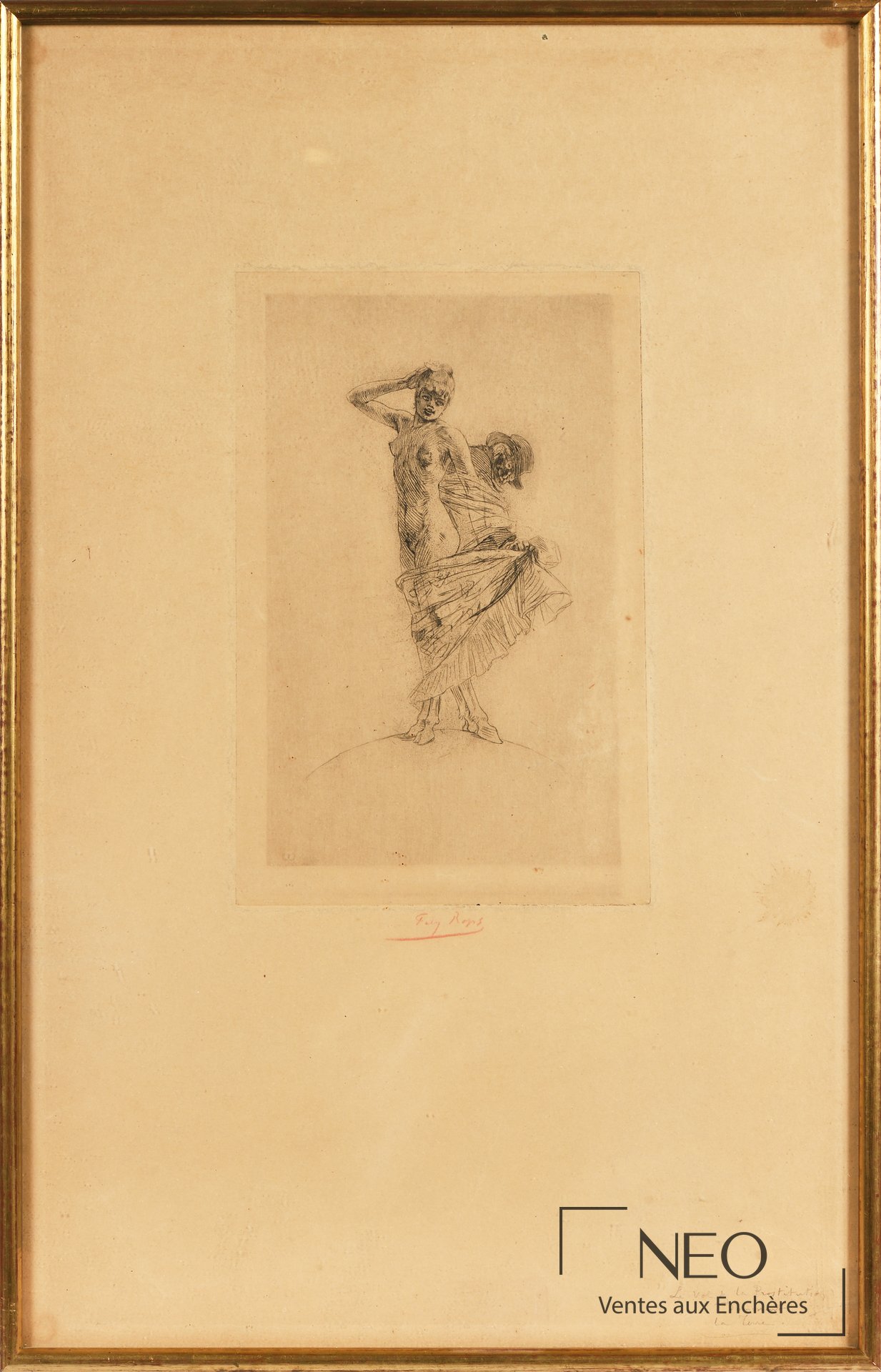 Estampe encadrée de Félicien Rops avec composition centrale sur papier jauni