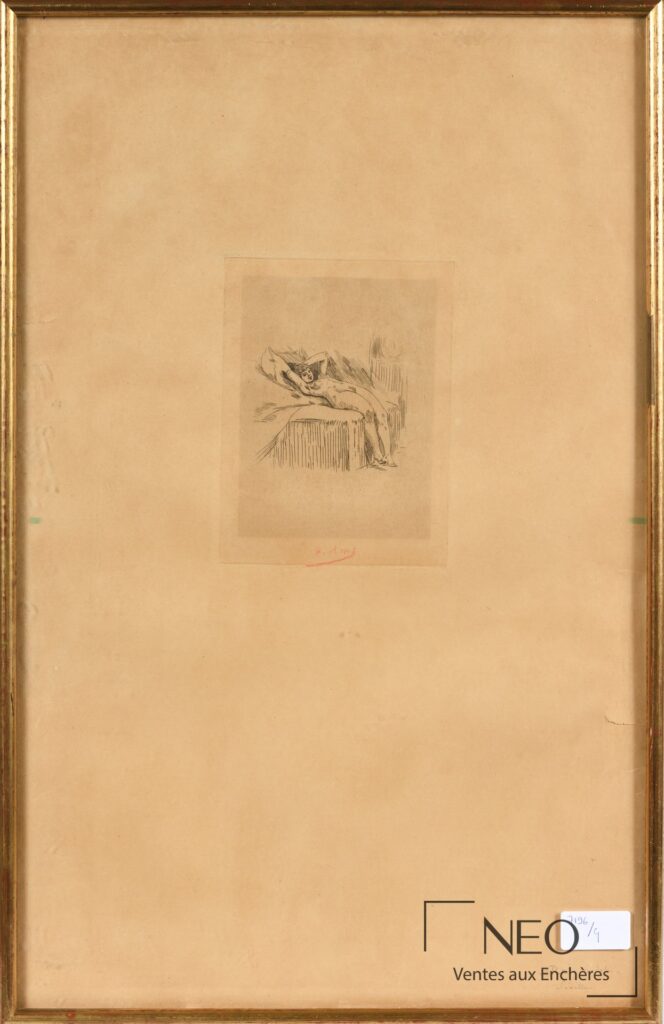 Estampe encadrée de Félicien Rops avec petite scène centrale et signature rouge en bas