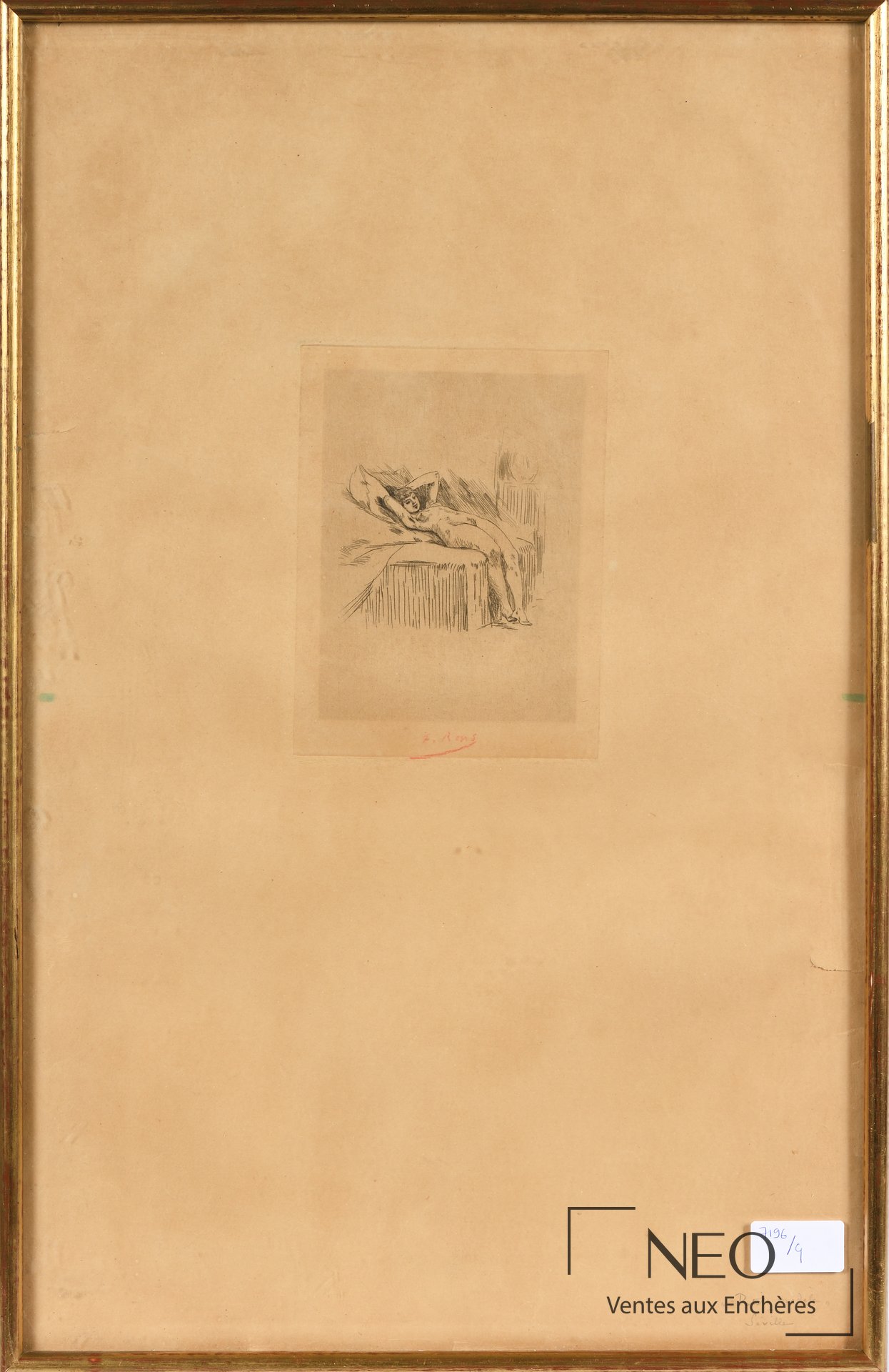 Estampe encadrée de Félicien Rops avec petite scène centrale et signature rouge en bas