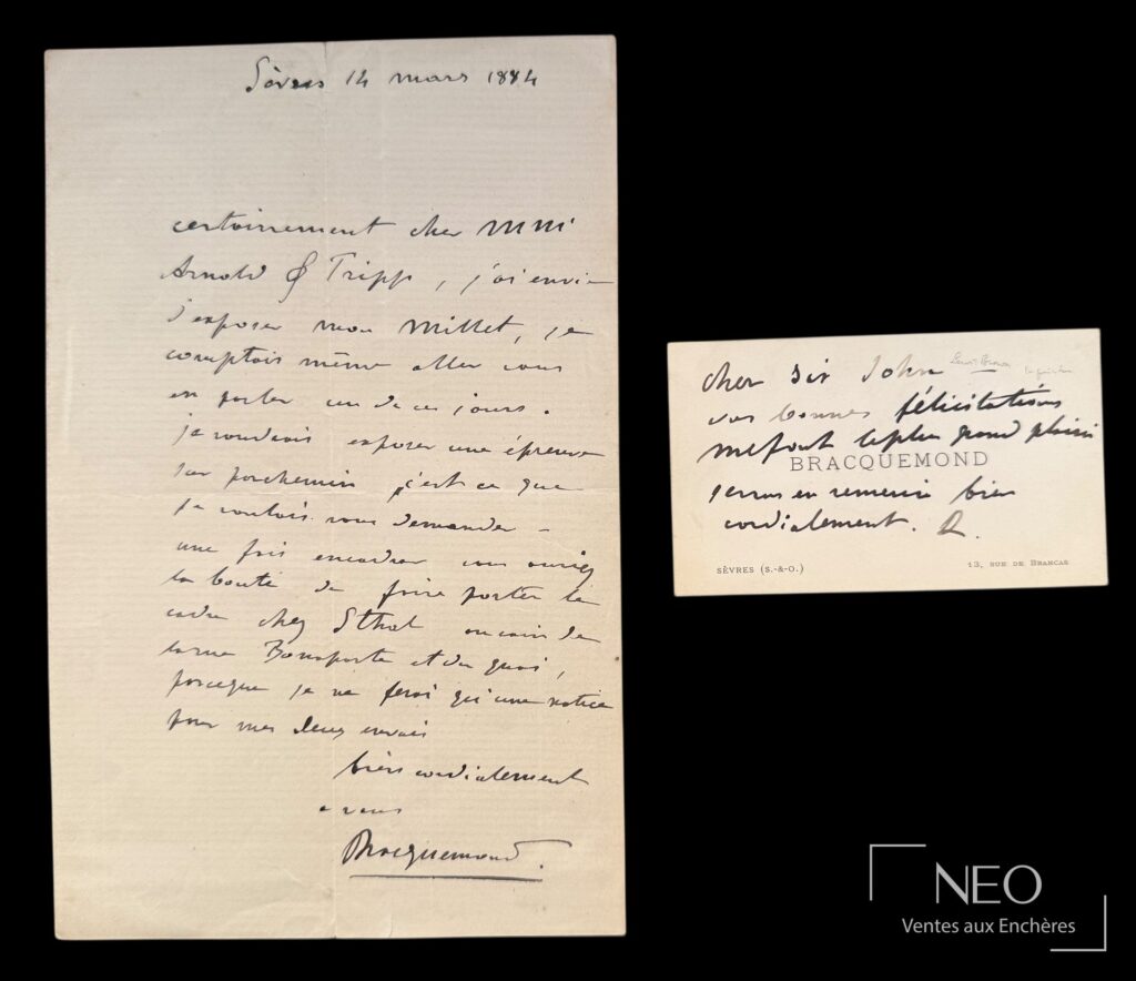 Lettre autographe de Félix Bracquemond et billet joint