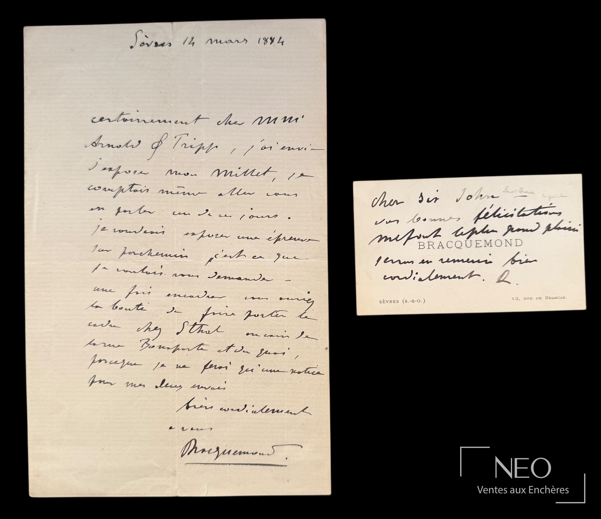 Lettre autographe signée de Félix Bracquemond, Sèvres, 14 mars 1884