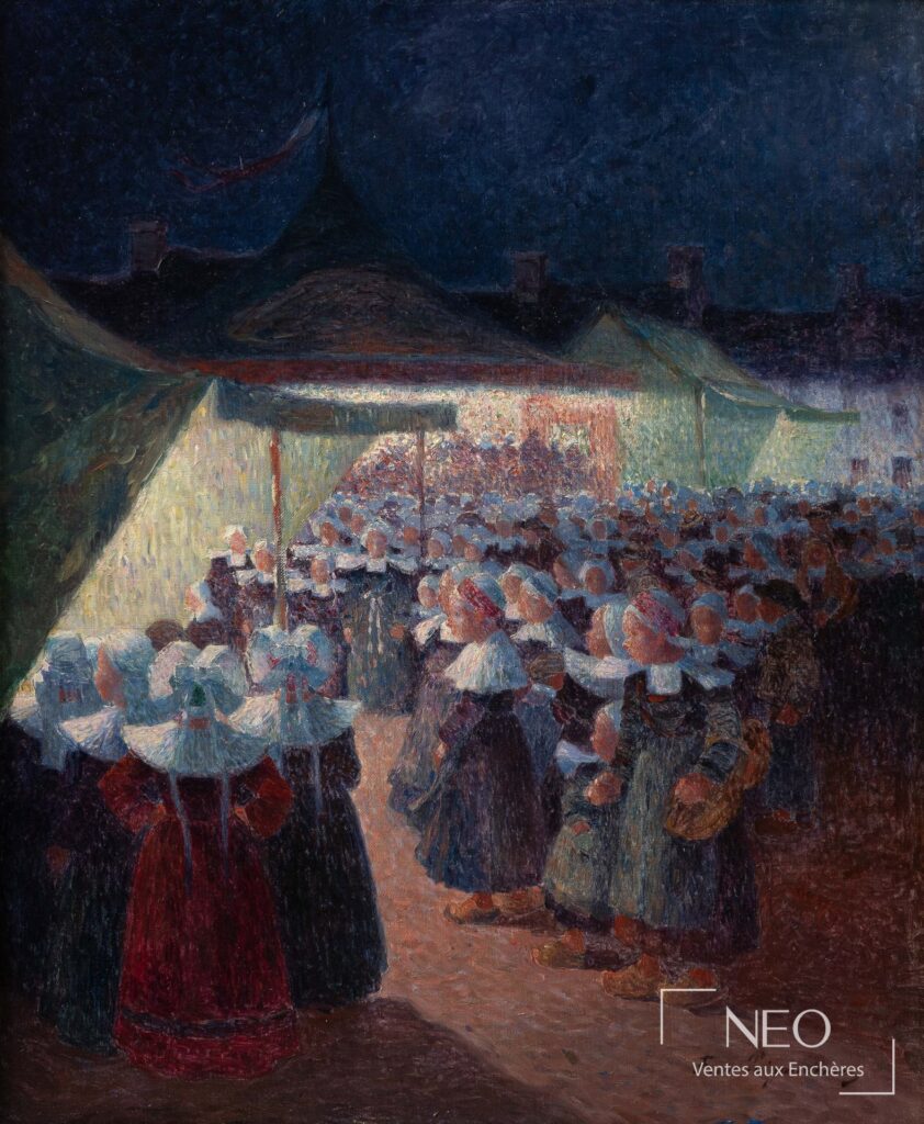 Vue d'ensemble d'une scène de fête foraine peinte à la lumière nocturne
