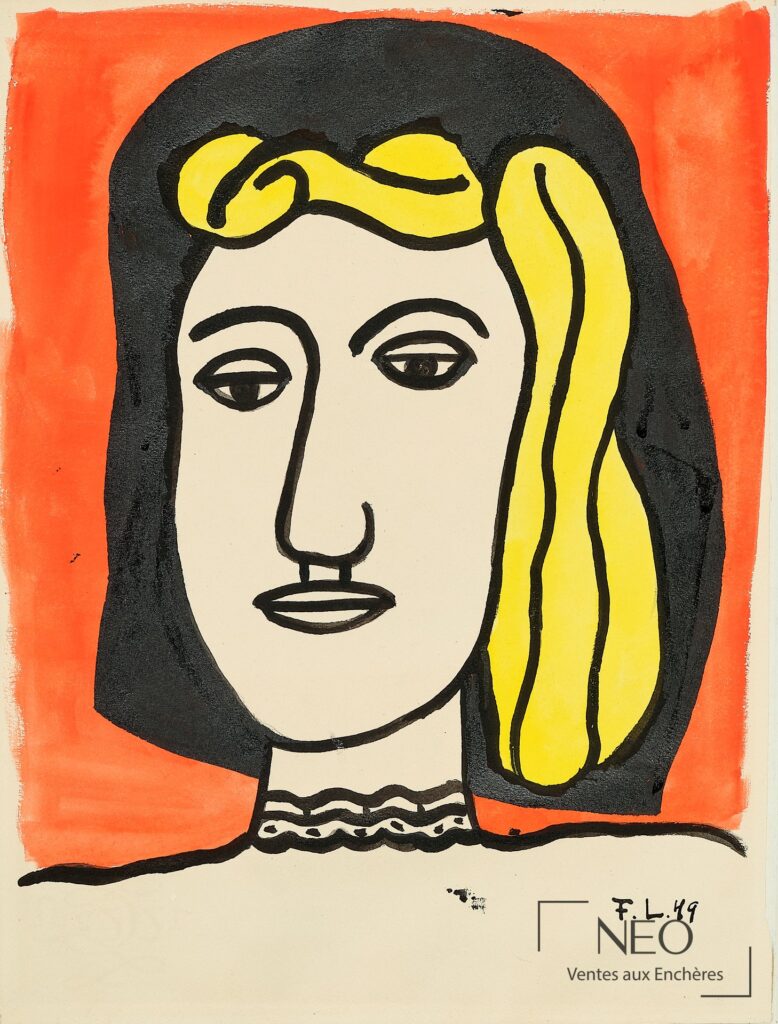 Portrait stylisé de femme à la chevelure noire et jaune sur fond orange