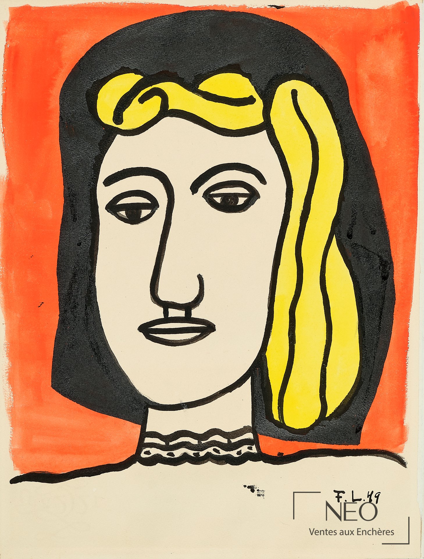 Portrait stylisé de femme à la chevelure noire et jaune sur fond orange