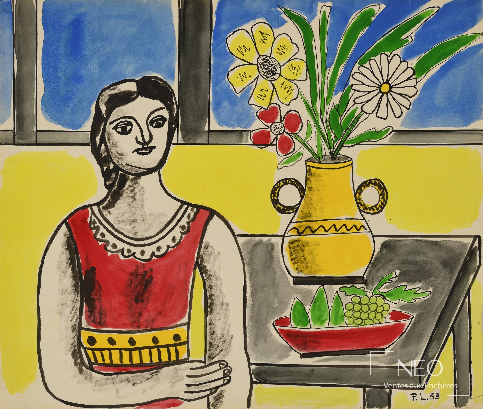 Gouache colorée représentant une femme en rouge devant une table