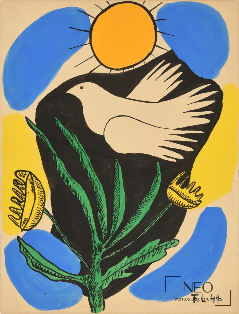 Gouache colorée représentant une colombe stylisée sur fond bleu et jaune