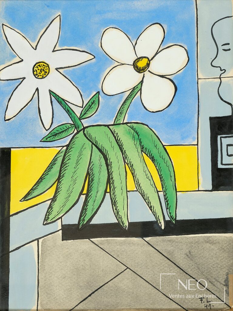 Gouache colorée représentant deux fleurs blanches et un profil stylisé
