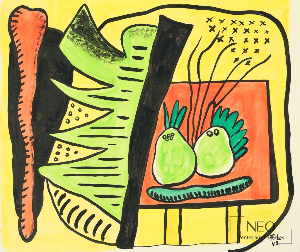 Gouache colorée aux fruits verts sur fond jaune