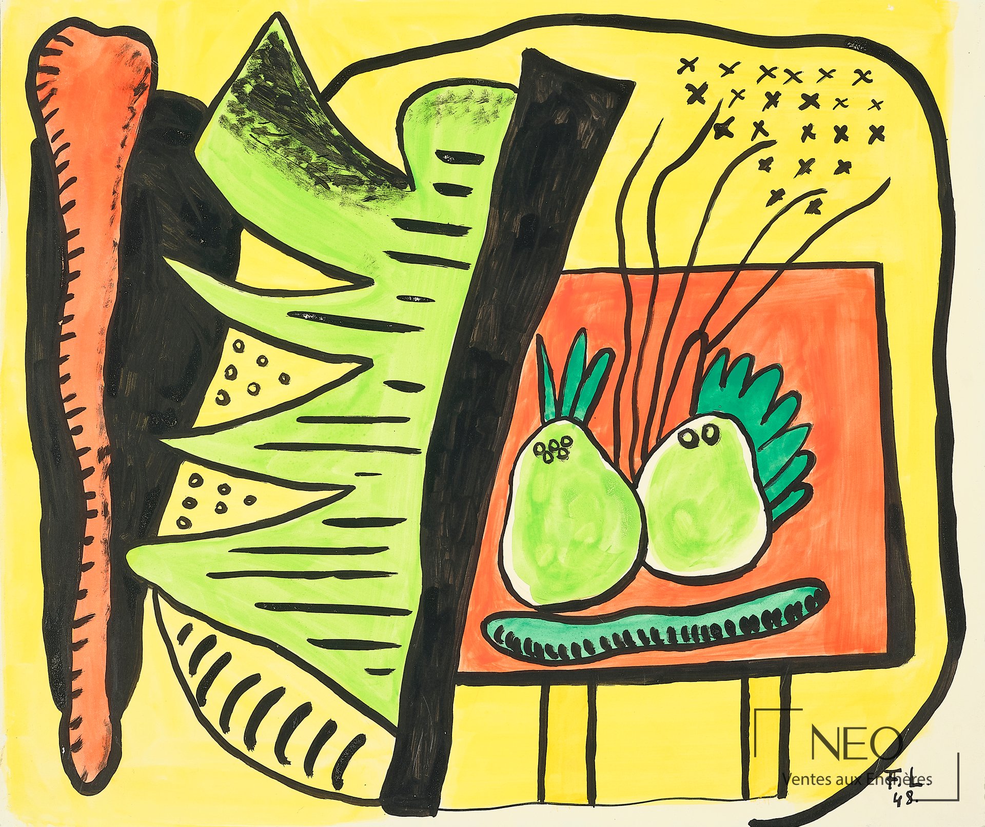 Gouache colorée aux fruits verts sur fond jaune