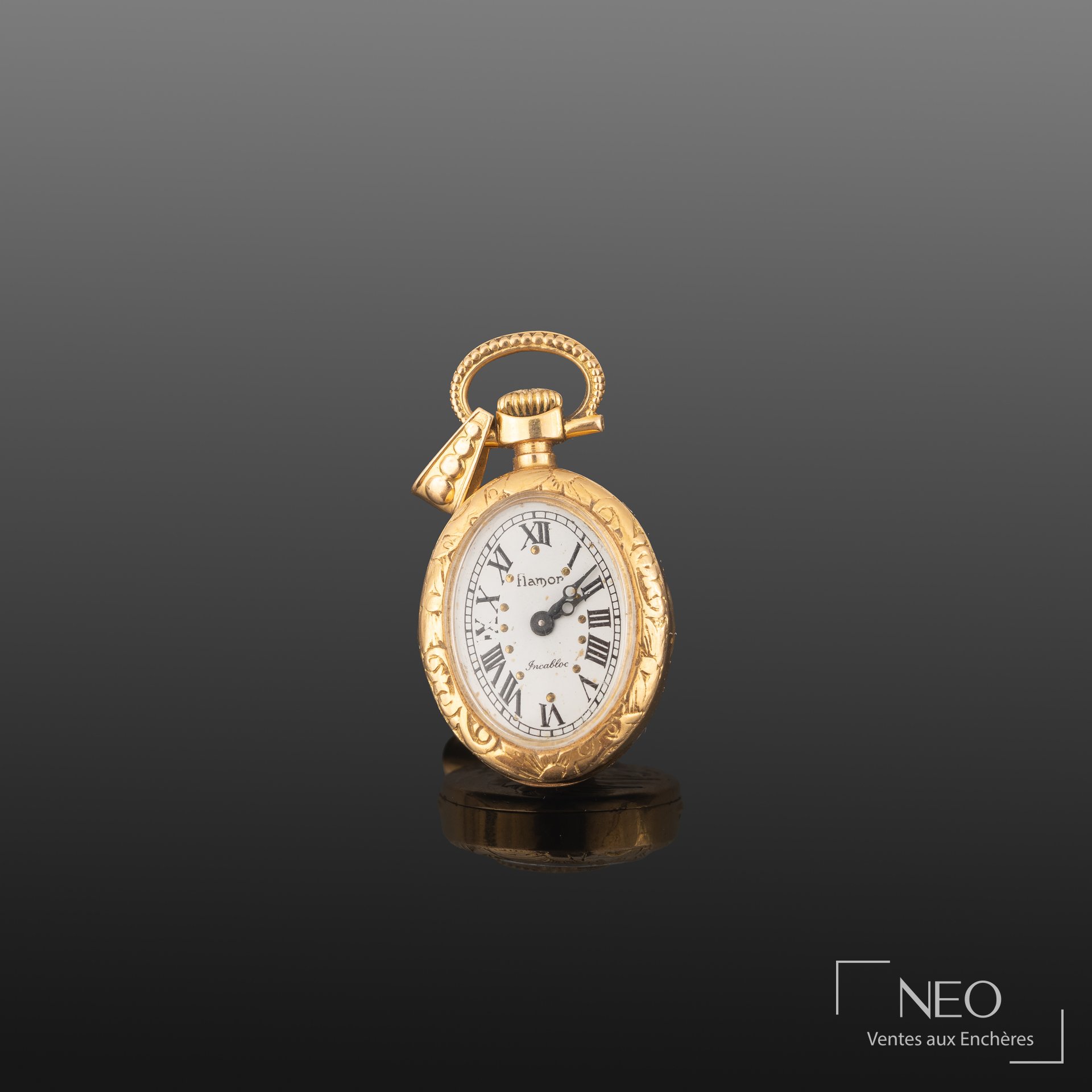 FLAMOR montre de col en or jaune 18K, cadran émaillé blanc