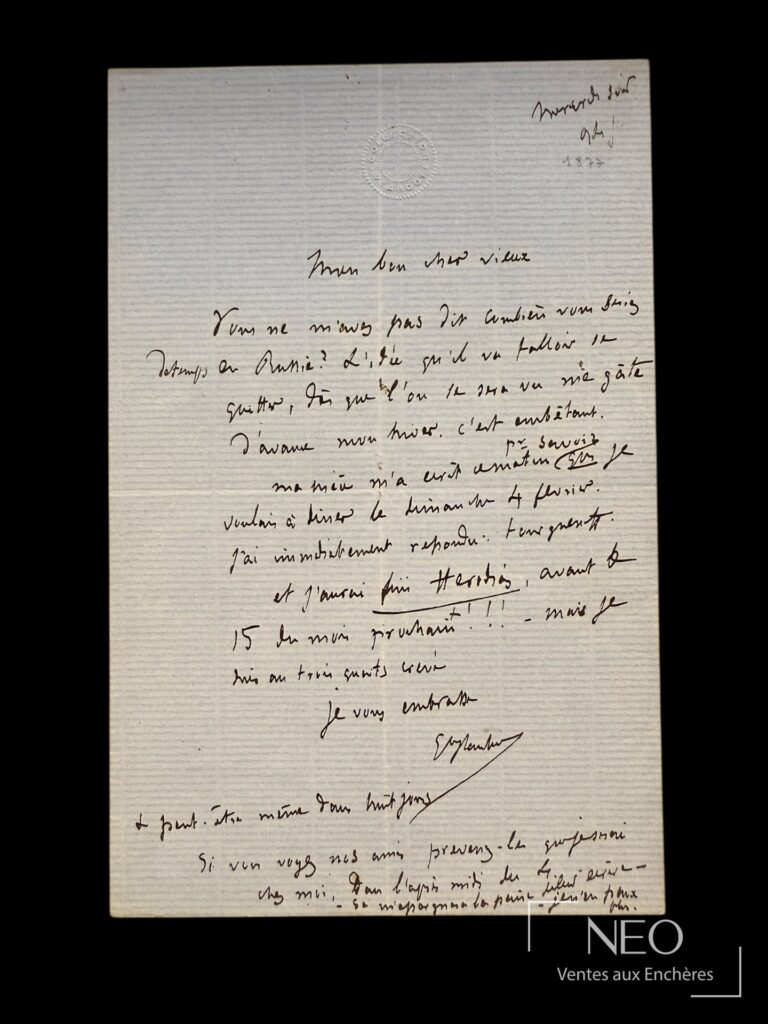 Lettre autographe signée de Gustave Flaubert sur papier bleu