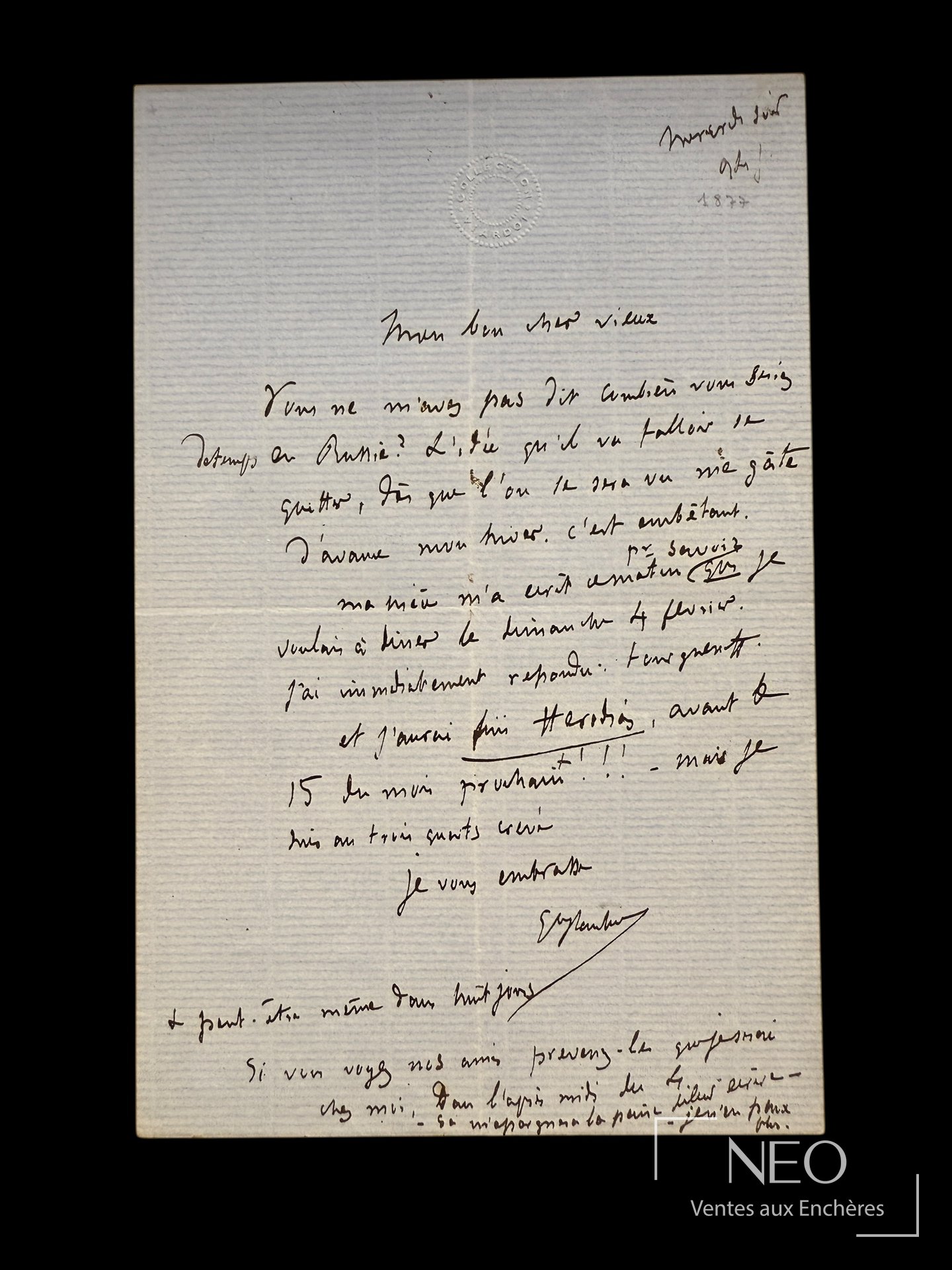 Lettre autographe signée de Gustave Flaubert sur papier bleu