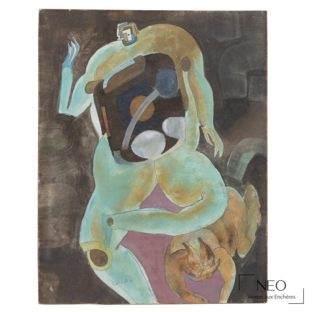 Aquarelle de Francesco Toledo représentant une figure stylisée aux tons turquoise et ocre