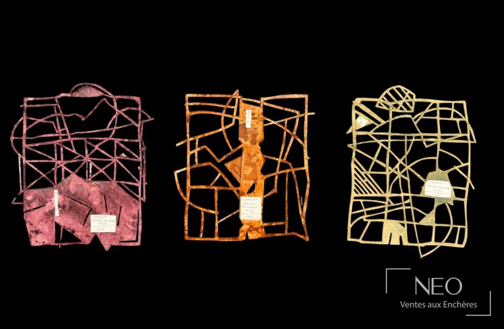 Ensemble de trois compositions abstraites de Francis Limérat sur fond noir