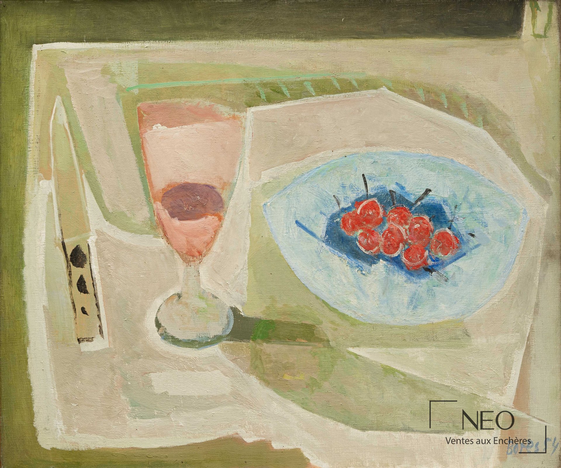 Nature morte de Francisco Bores représentant des cerises et un verre de vin