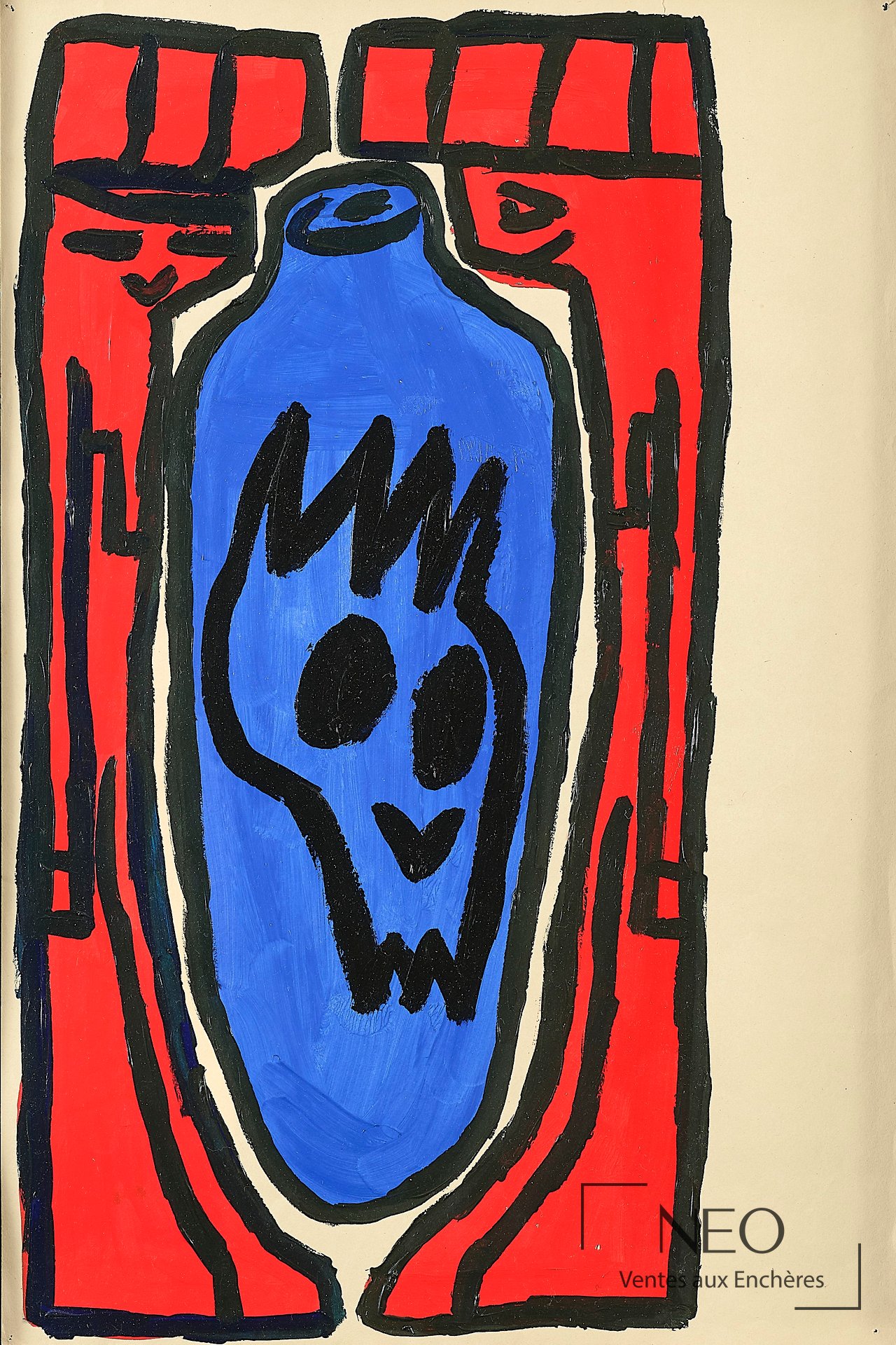 Composition abstraite aux aplats rouges et bleus sur papier