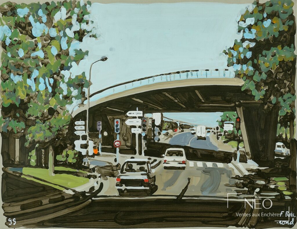 Acrylique colorée représentant une vue du périphérique sous un échangeur routier
