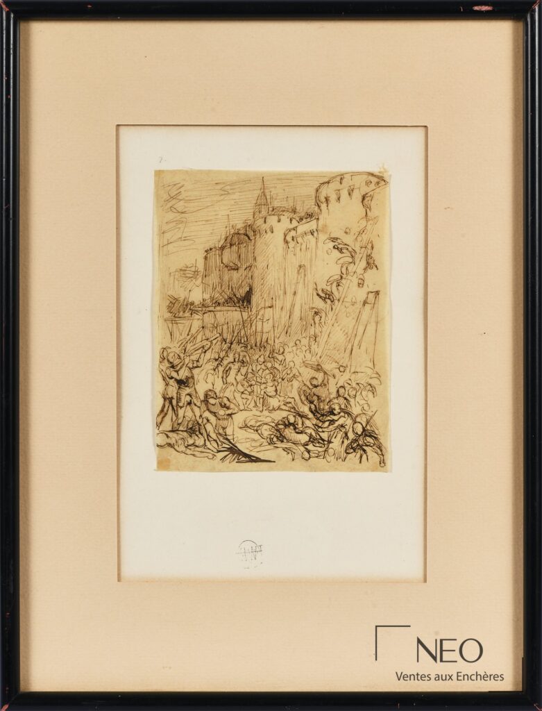 Dessin encadré de François Flameng montrant une scène de bataille à l'encre sur papier.
