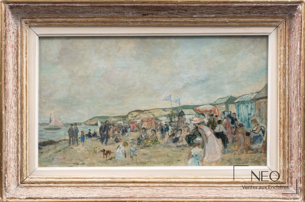 Scène de plage de François Gall dans son cadre ancien
