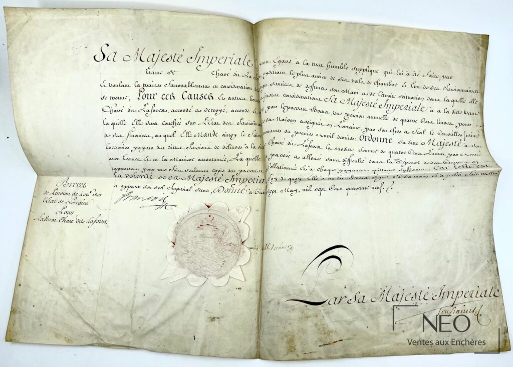 Brevet de pension manuscrit sur vélin avec grande signature et sceau sous papier.